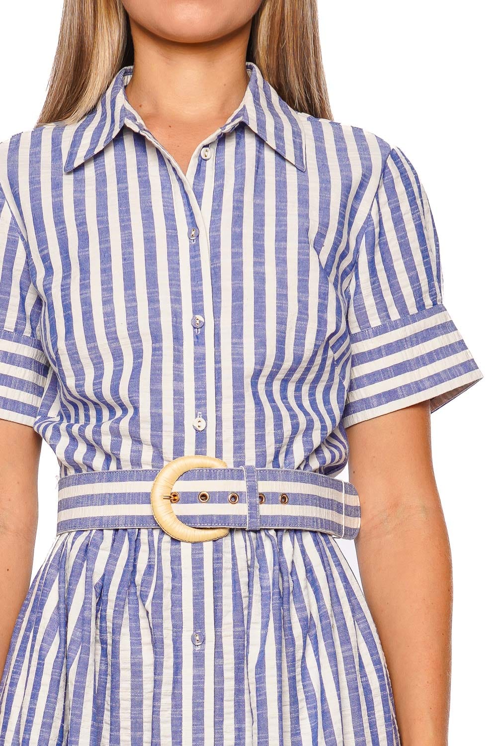 Cara Cara Malena Blue Stripe Seersucker Shirt Dress with Short Sleeves