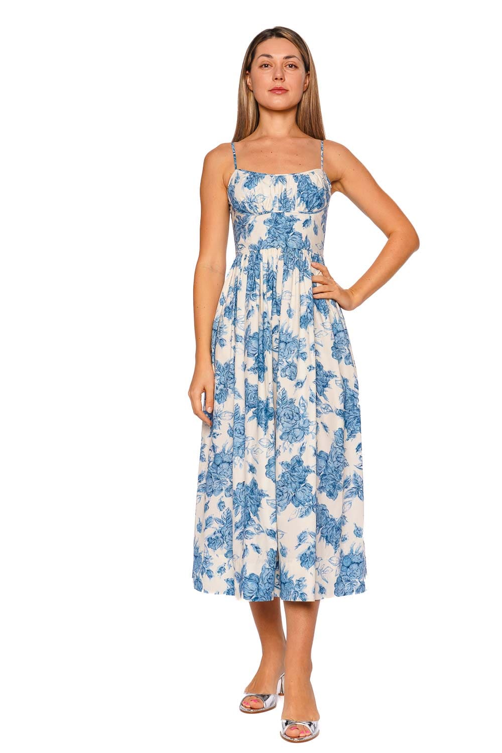Cara Cara Alba Tossed Floral Blue Midi Dress with Spaghetti Straps