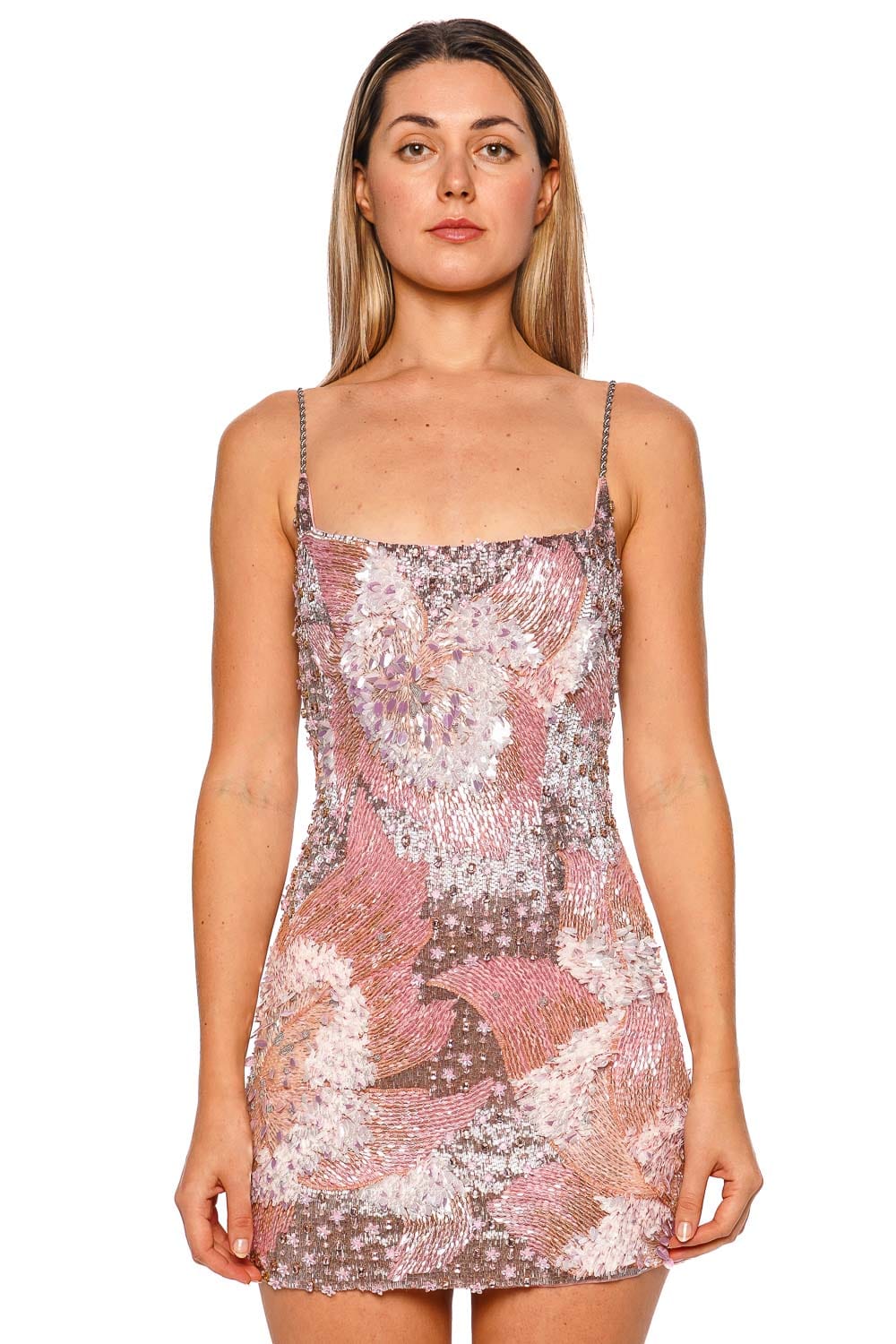 LA FUORI Poised Pink Floral Embroidered Mini Dress