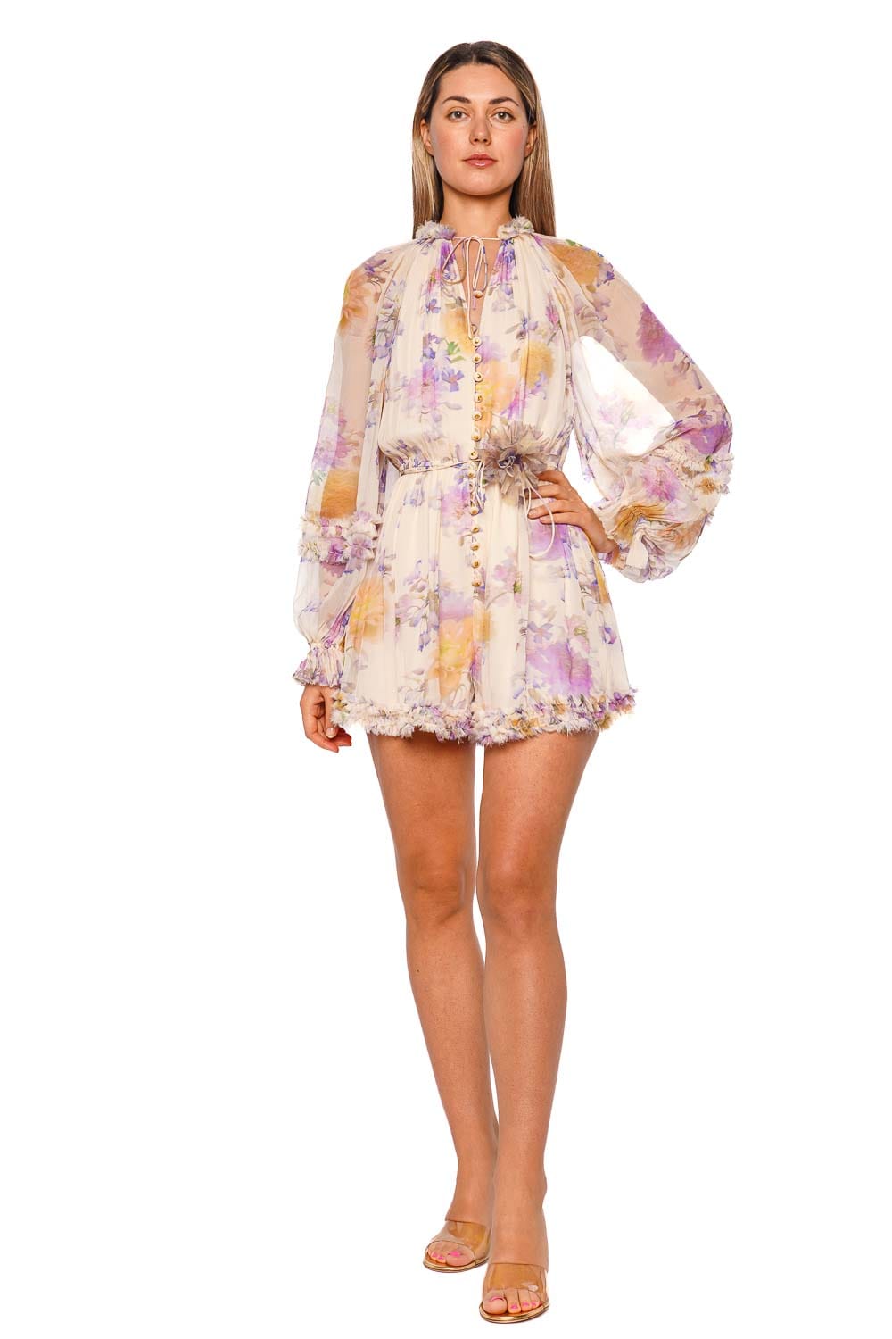 ZIMMERMANN Luna Cream Dahlia Long Sleeve Ruffle Playsuit