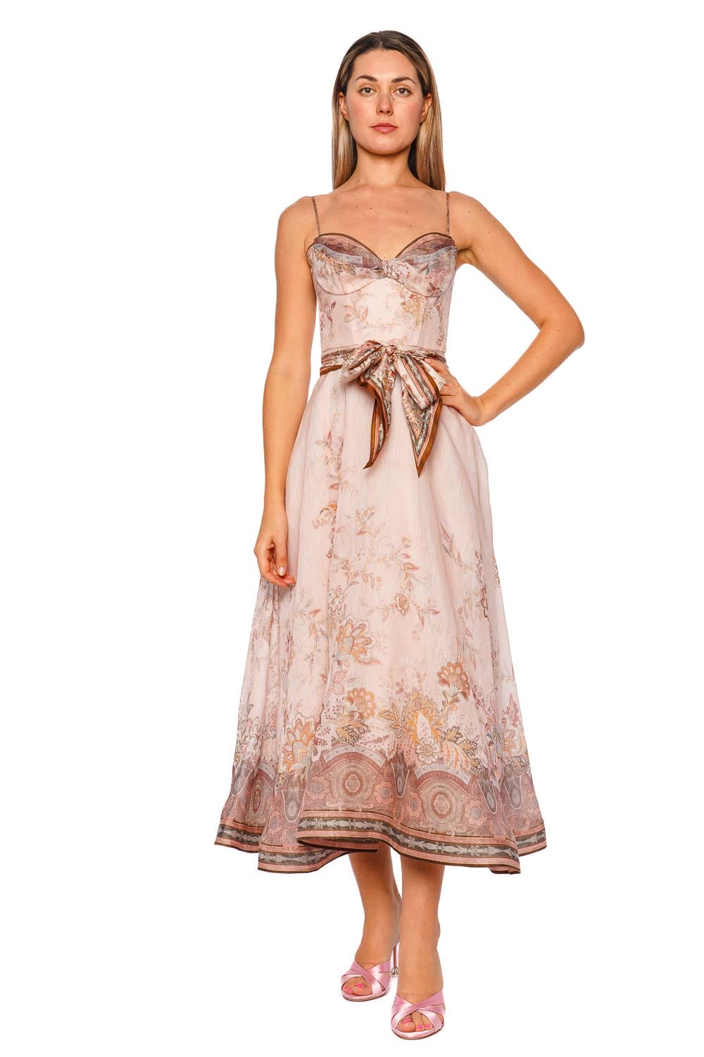 ZIMMERMANN Alchemy Pink Paisley Structured Midi Dress with Spaghetti Straps