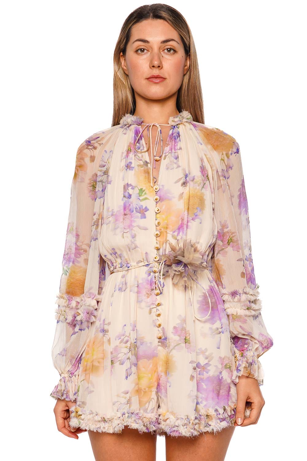 ZIMMERMANN Luna Cream Dahlia Long Sleeve Ruffle Playsuit