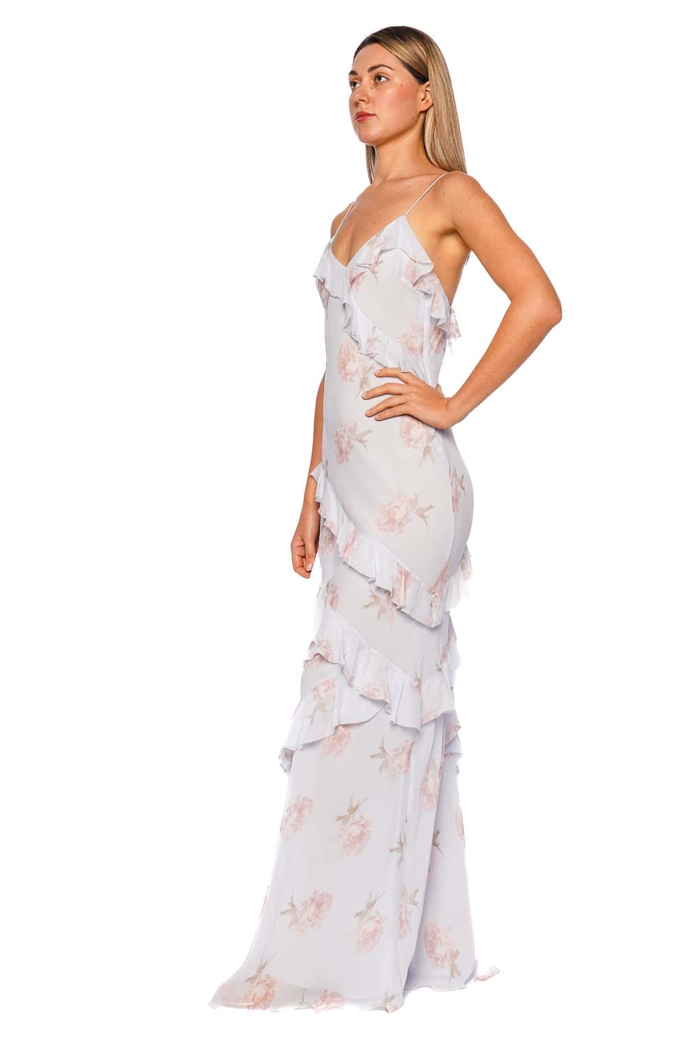 LoveShackFancy Rialto Blue Roan Floral Ruffled Maxi Dress