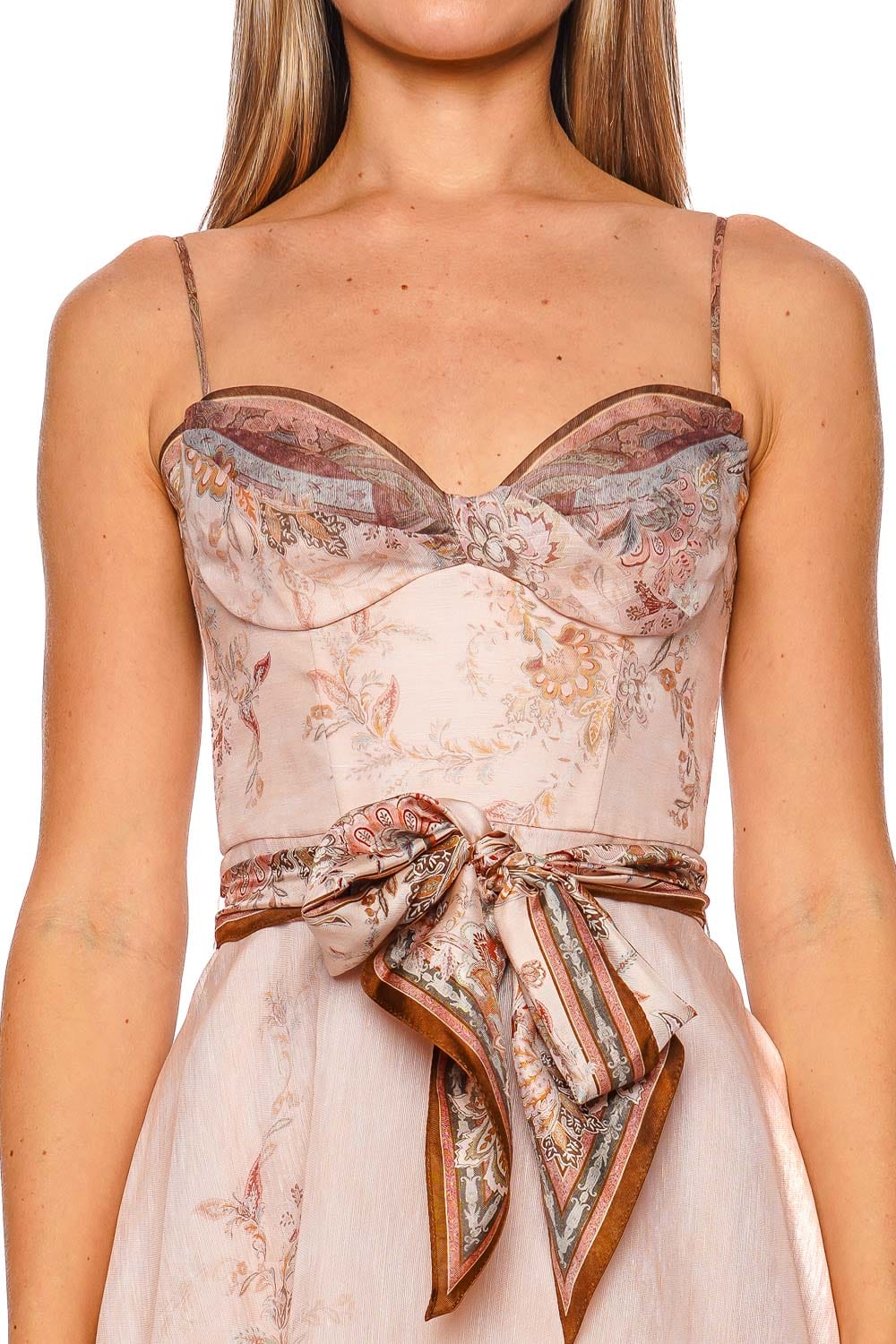 ZIMMERMANN Alchemy Pink Paisley Structured Midi Dress with Spaghetti Straps