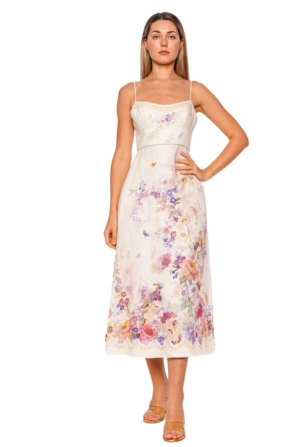 ZIMMERMANN Alchemy Cream Multi Floral Spaghetti Strap Midi Dress