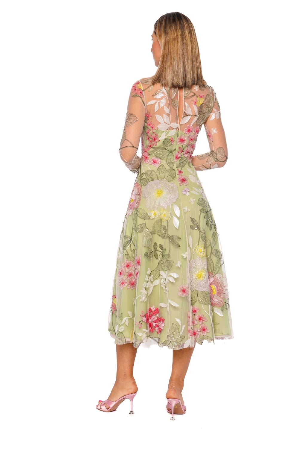 Naeem Khan Sequin Floral Long Sleeve Illusion Cocktail Dress