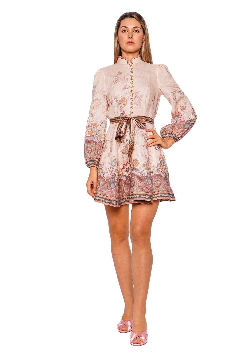 ZIMMERMANN Pink Paisley Long Sleeve Button Mini Dress