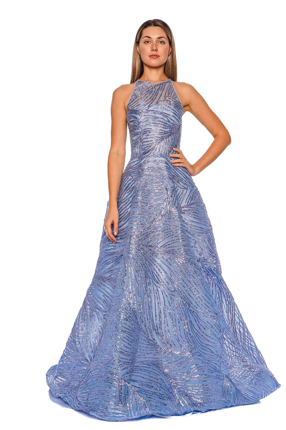Naeem Khan Ocean Blue Raffia Halter Full Skirt Gown