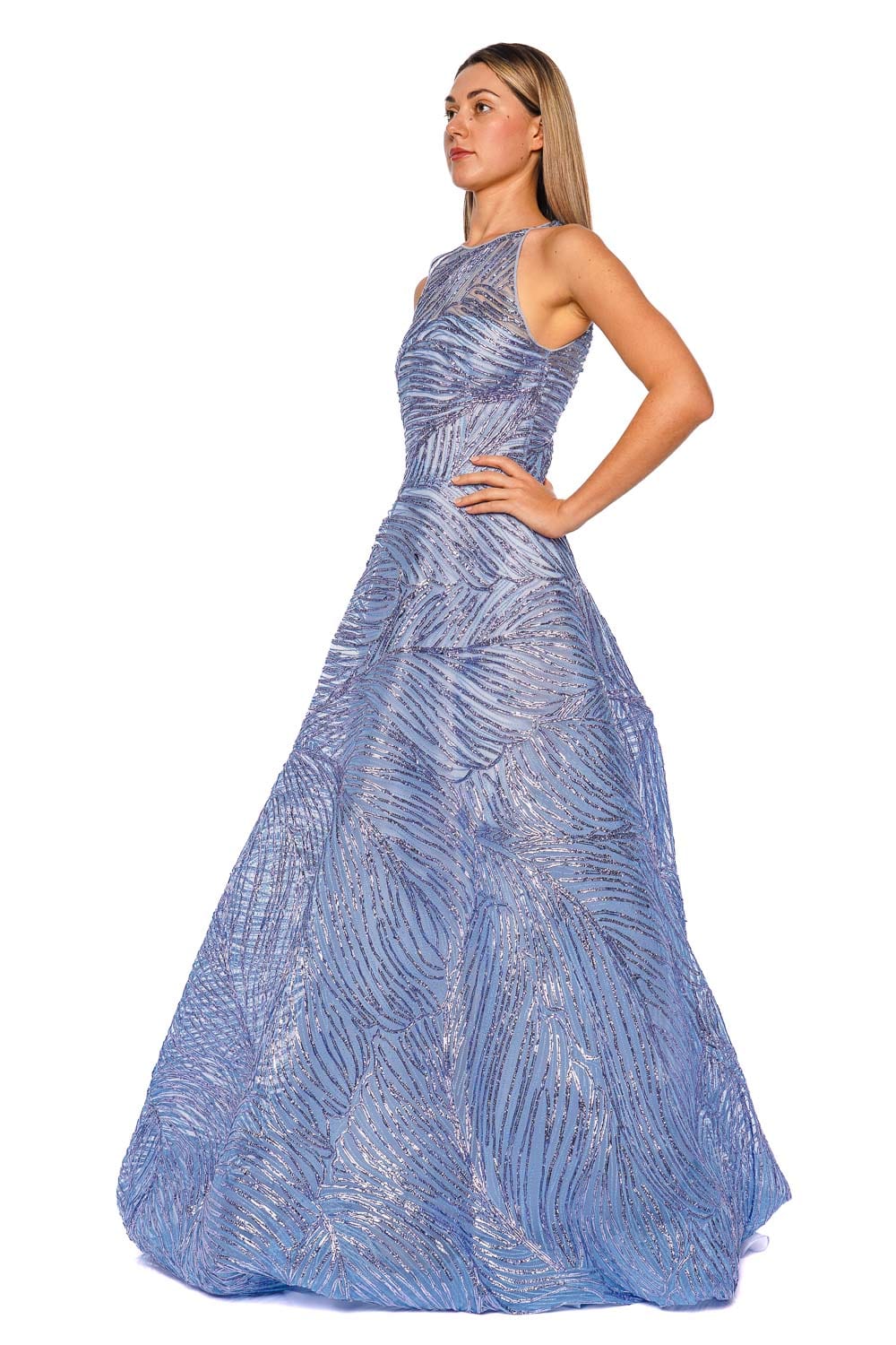 Naeem Khan Ocean Blue Raffia Halter Full Skirt Gown