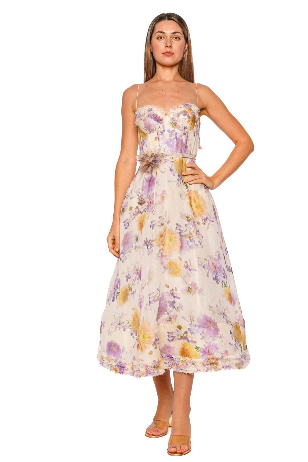 ZIMMERMANN Luna Cream Dahlia Ruffle Corset Midi Dress