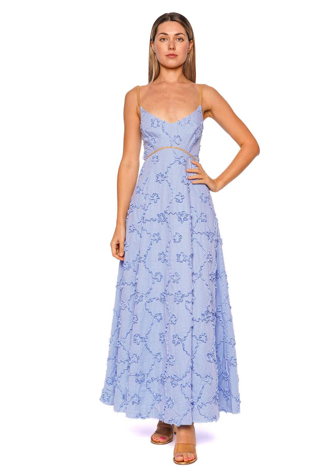 CLEA Harlow Blue Gingham Floral Embroidered Maxi Dress