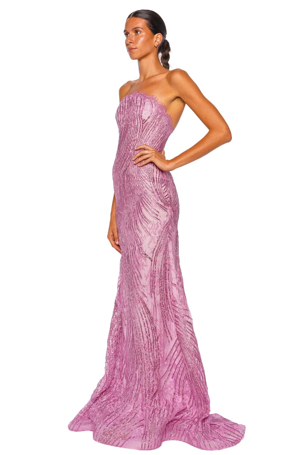Naeem Khan Pink Metallic Raffia Lace Fit and Flare Gown