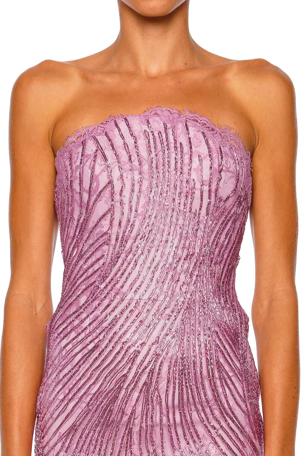 Naeem Khan Pink Metallic Raffia Lace Fit and Flare Gown