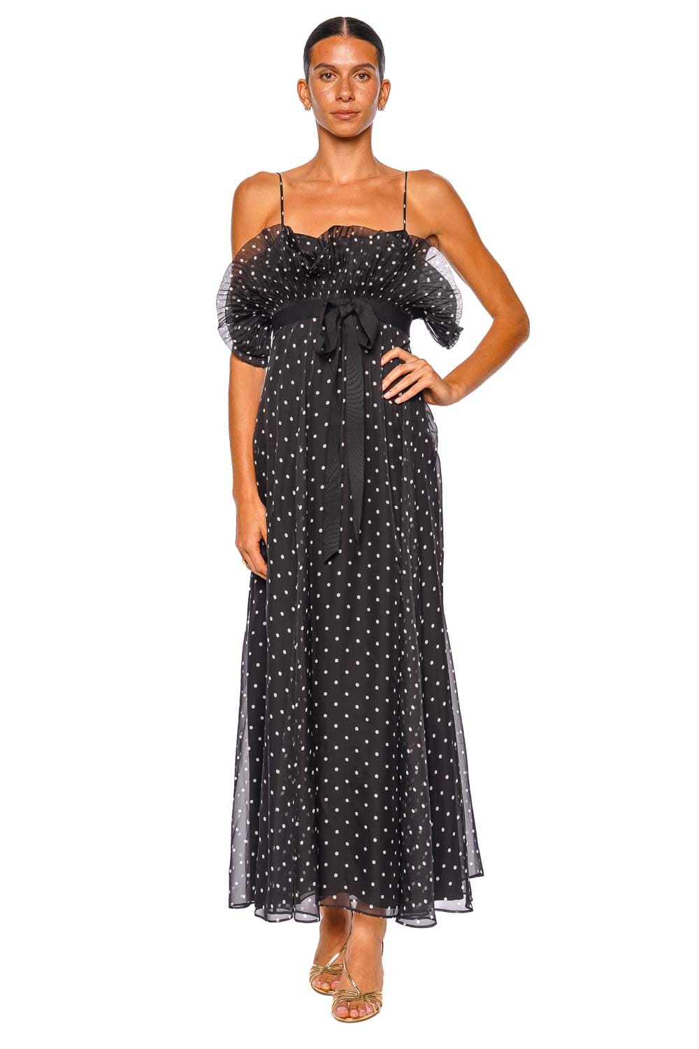 Black Dot Frill Pleated Midi Dress