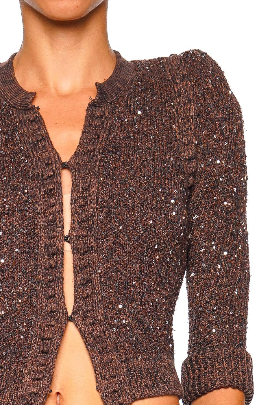 L'AGENCE Thistle Sequined Cropped Three Quarter Sleeve Cardigan Java