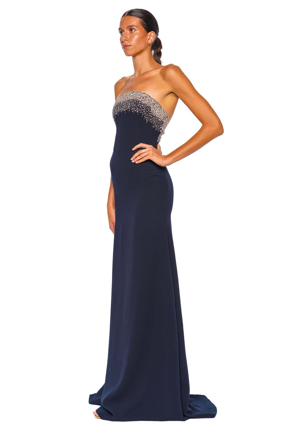 Naeem Khan Navy Crystal Embroidered Strapless Gown