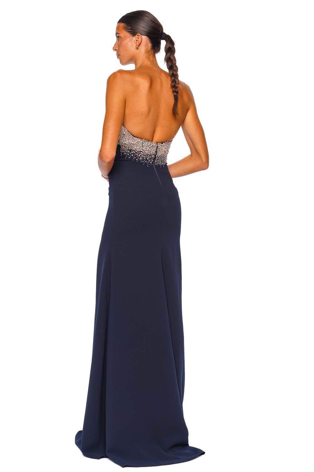 Naeem Khan Navy Crystal Embroidered Strapless Gown