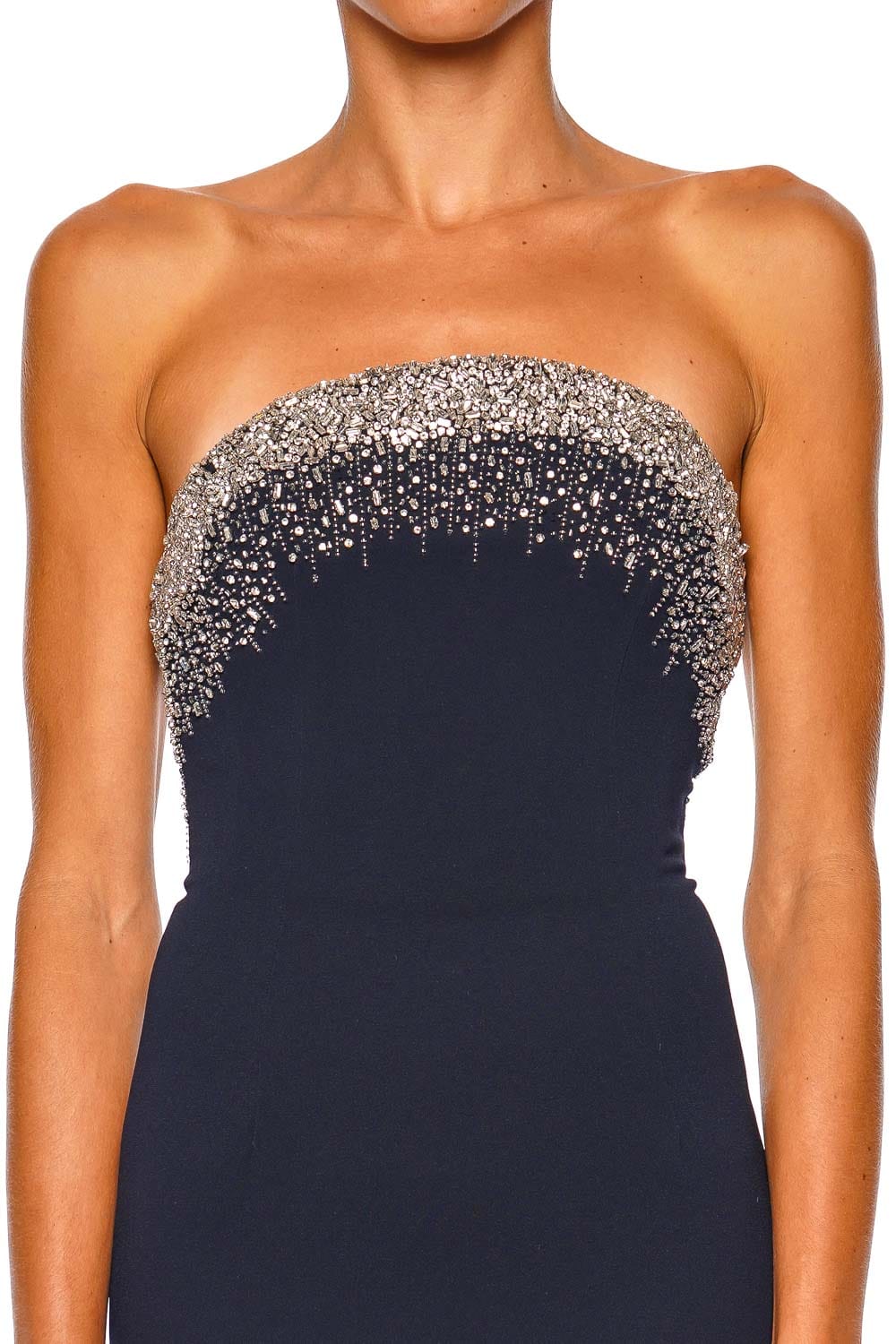Naeem Khan Navy Crystal Embroidered Strapless Gown