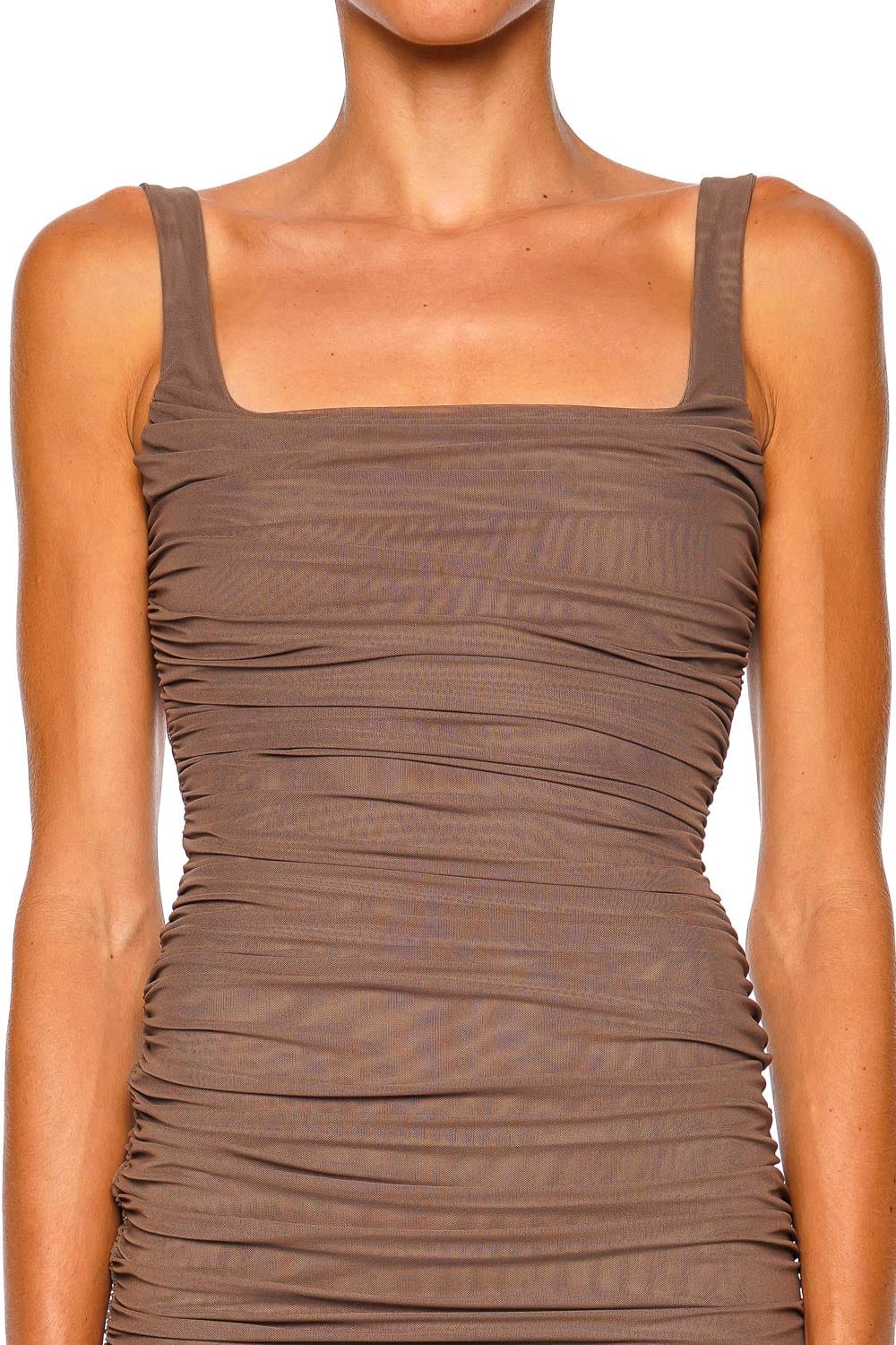 L'AGENCE Anya Dark Cardamom Strappy Shirred Midi Dress