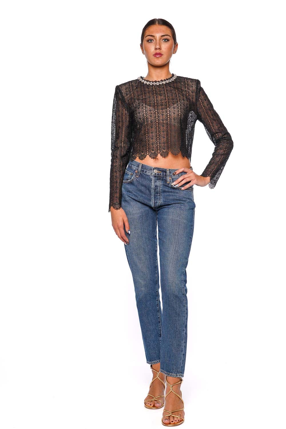 self-portrait Black Crystal Embellished Organza Lace Top