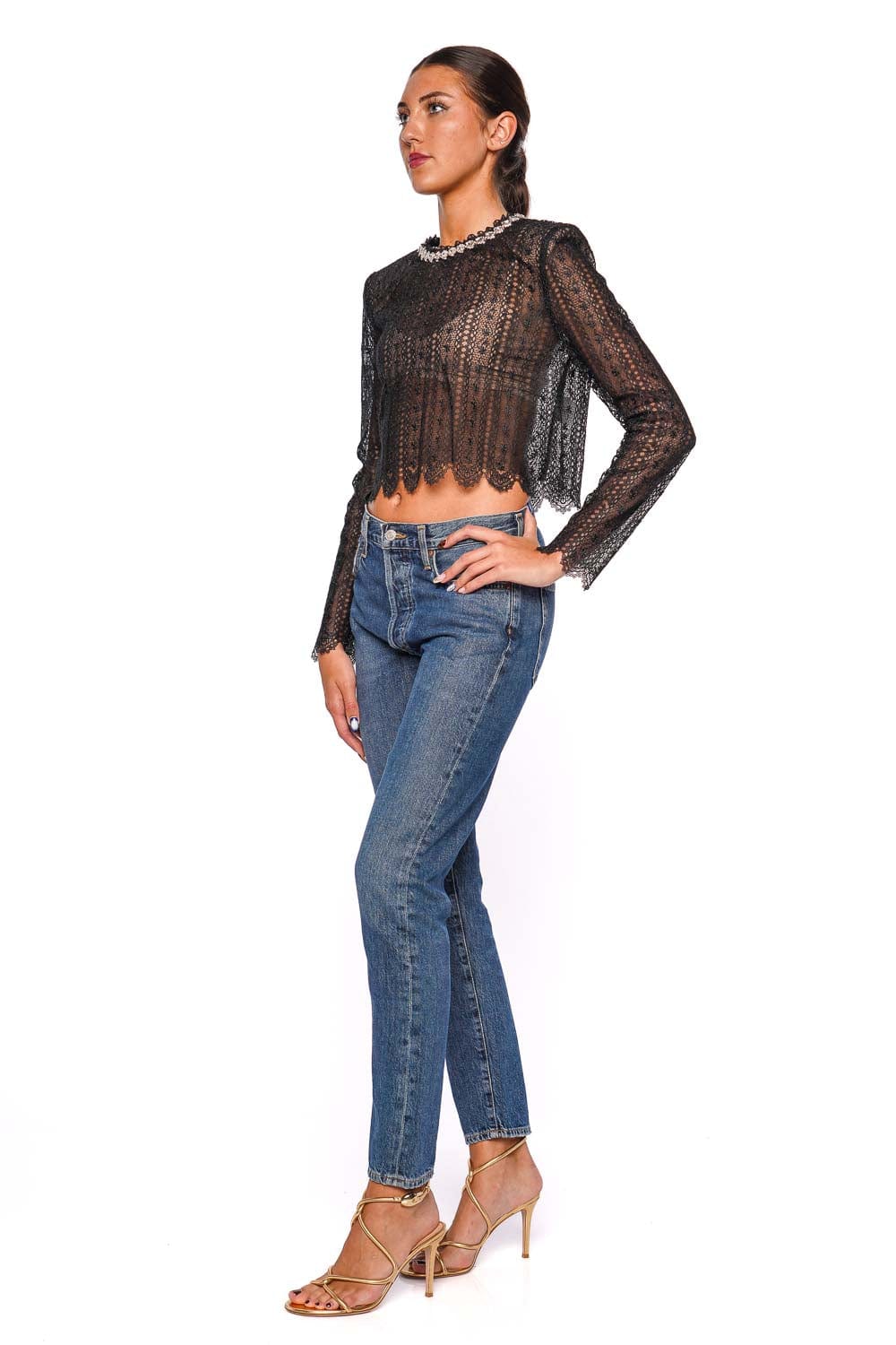self-portrait Black Crystal Embellished Organza Lace Top
