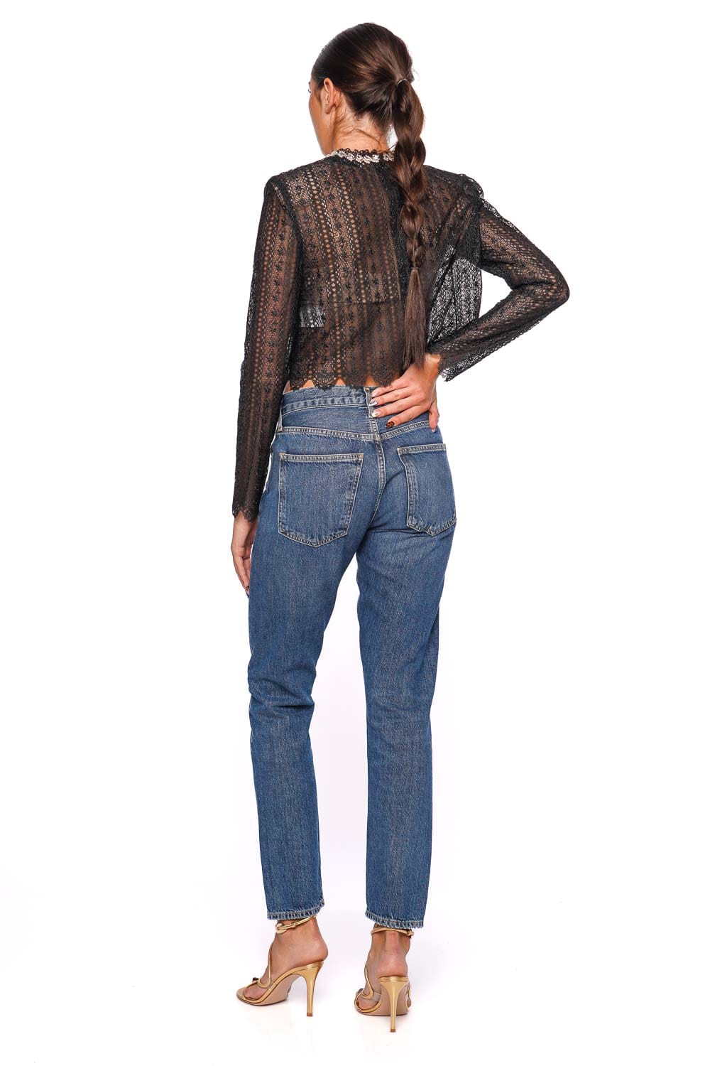 self-portrait Black Crystal Embellished Organza Lace Top