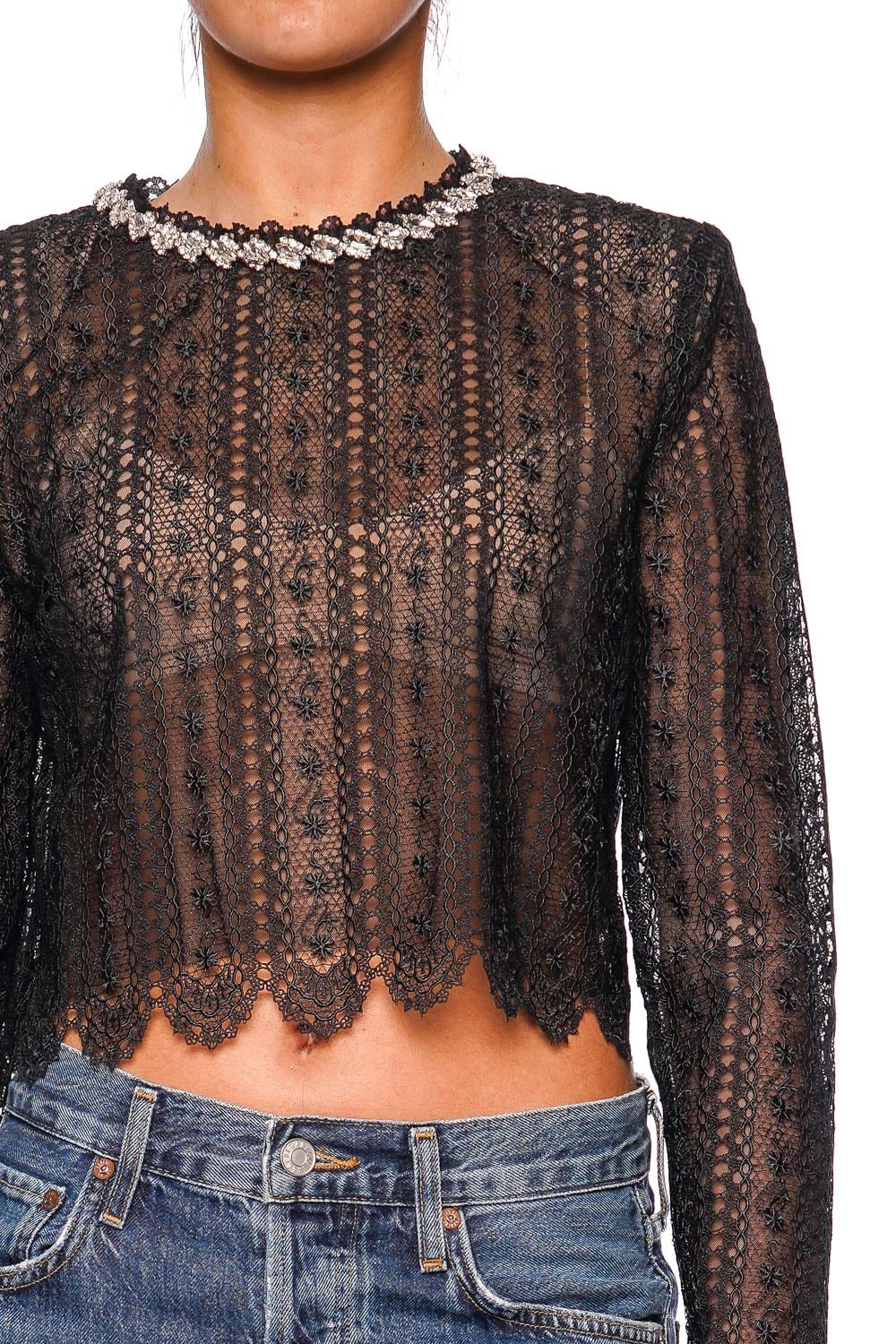 self-portrait Black Crystal Embellished Organza Lace Top