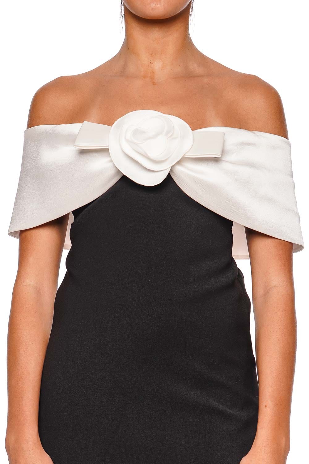 self-portrait Black Crepe Flower Off Shoulder Mini Dress