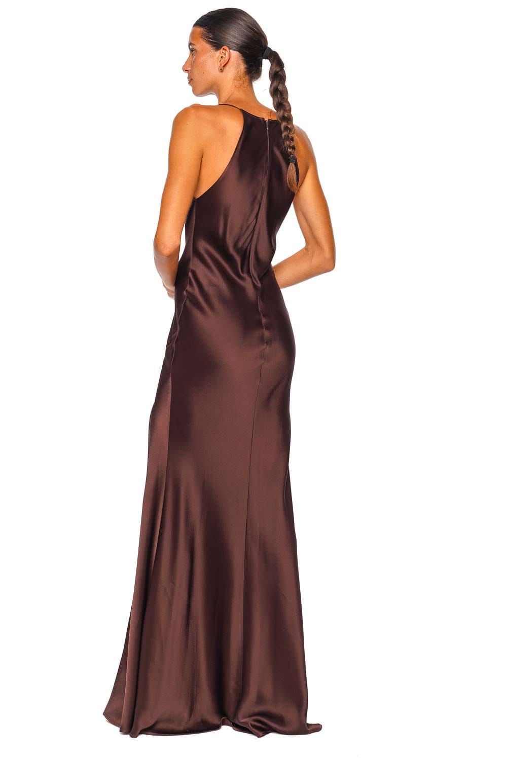 LAPOINTE Chocolate Lightweight Satin Halter Gown