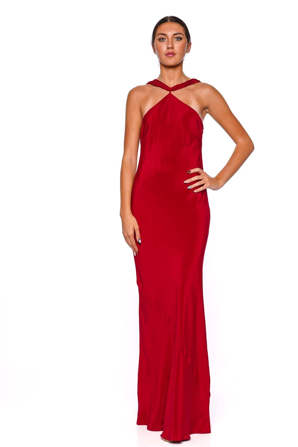 Cult Gaia Pheobe Merlot Satin Halter Maxi Dress