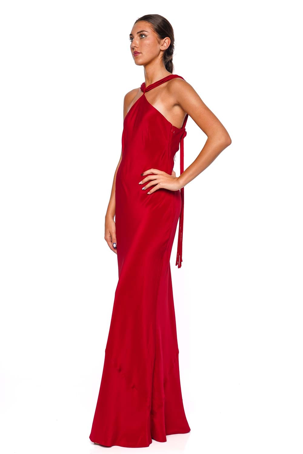 Cult Gaia Pheobe Merlot Satin Halter Maxi Dress
