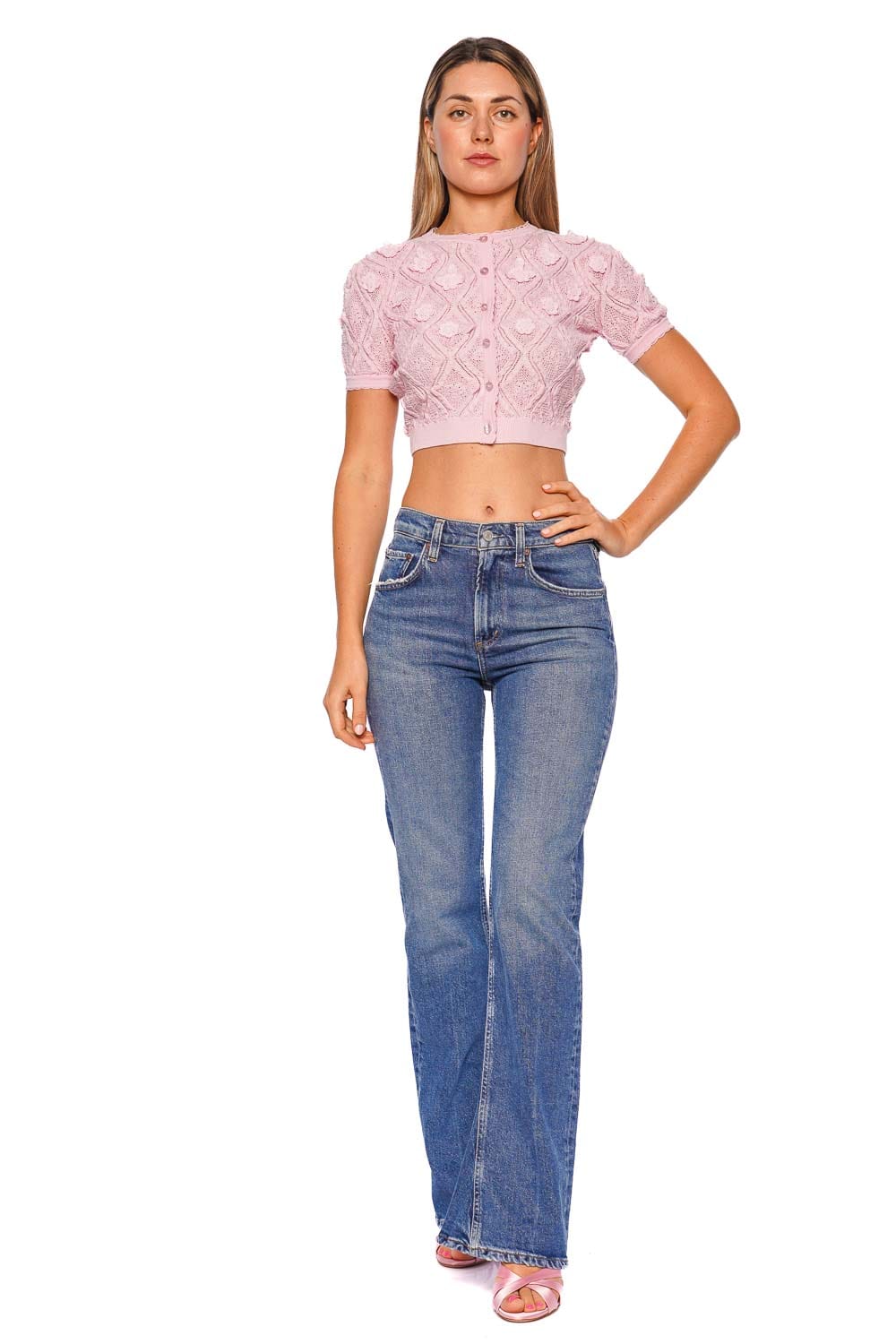 self-portrait Pink Pointelle Knit Short Sleeve Cropped Top