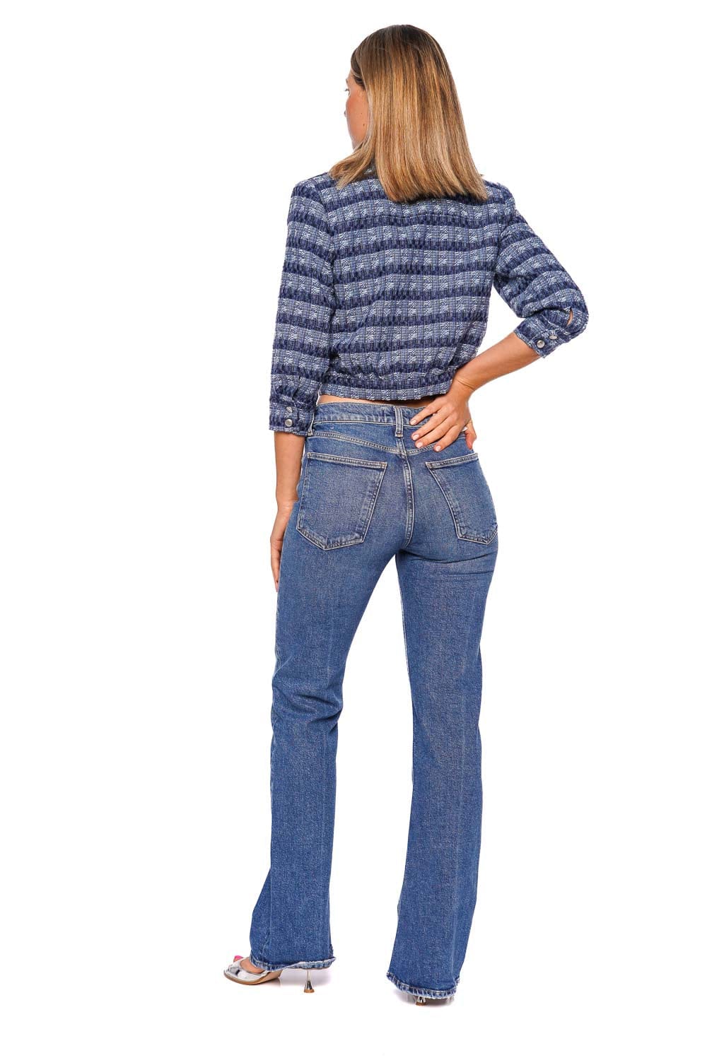 L'AGENCE Jia Blue Striped Tweed Cropped Jacket