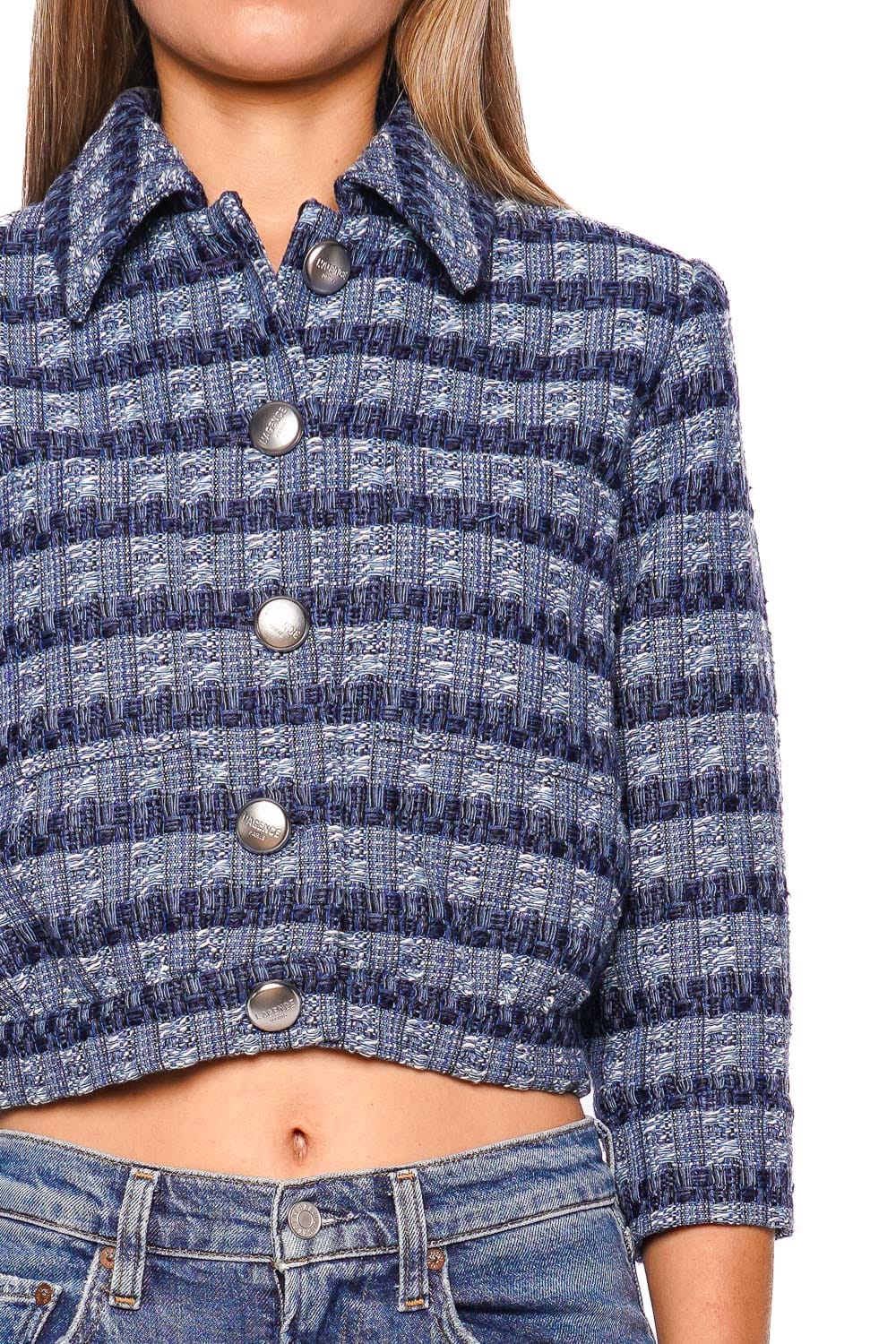 L'AGENCE Jia Blue Striped Tweed Cropped Jacket