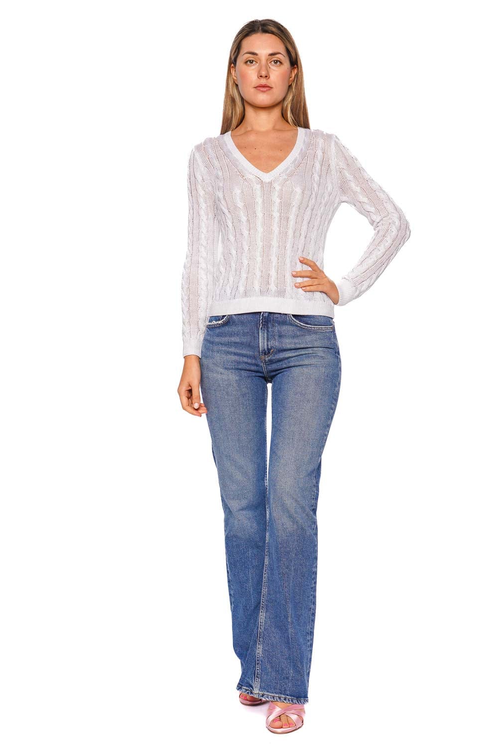 L'AGENCE Preston V Neck Cable Knit Pullover