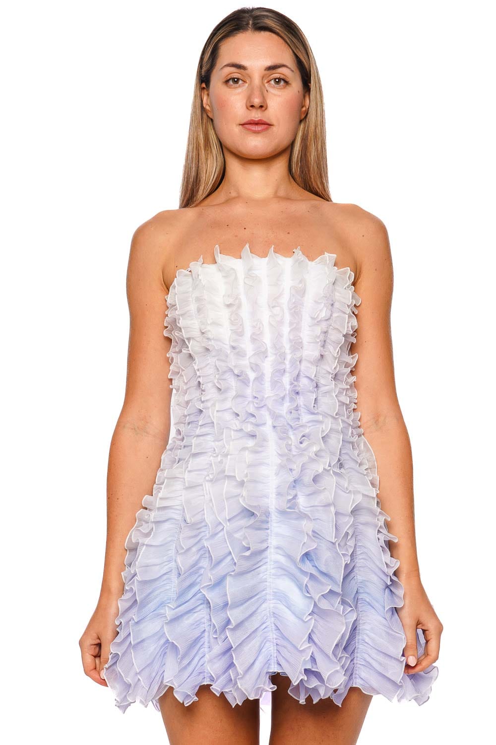 Aje. Temperance Blue Ombre Frilled Strapless Mini Dress