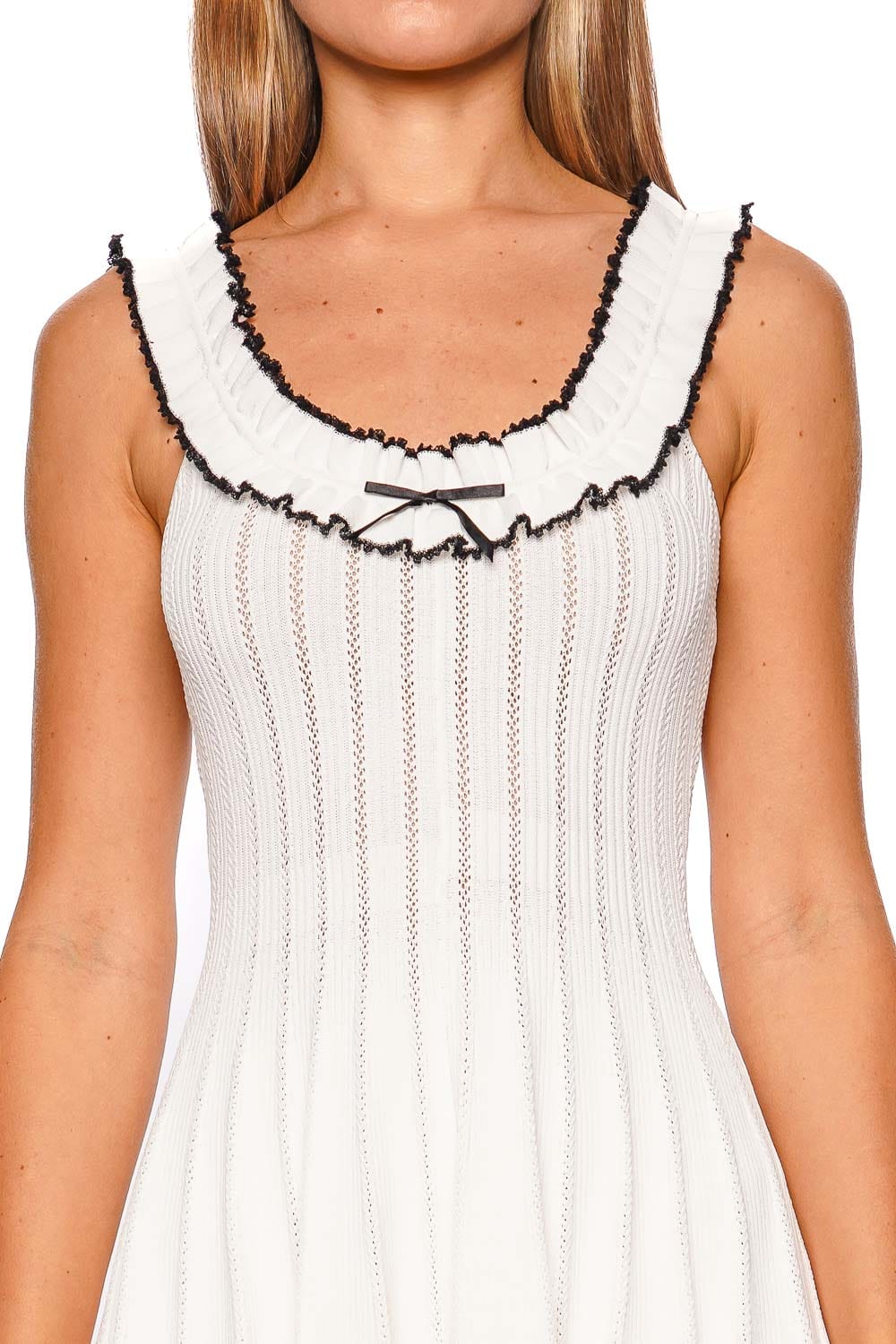 self-portrait White Contrast Trim Ruffled Pointelle Knit Mini Dress