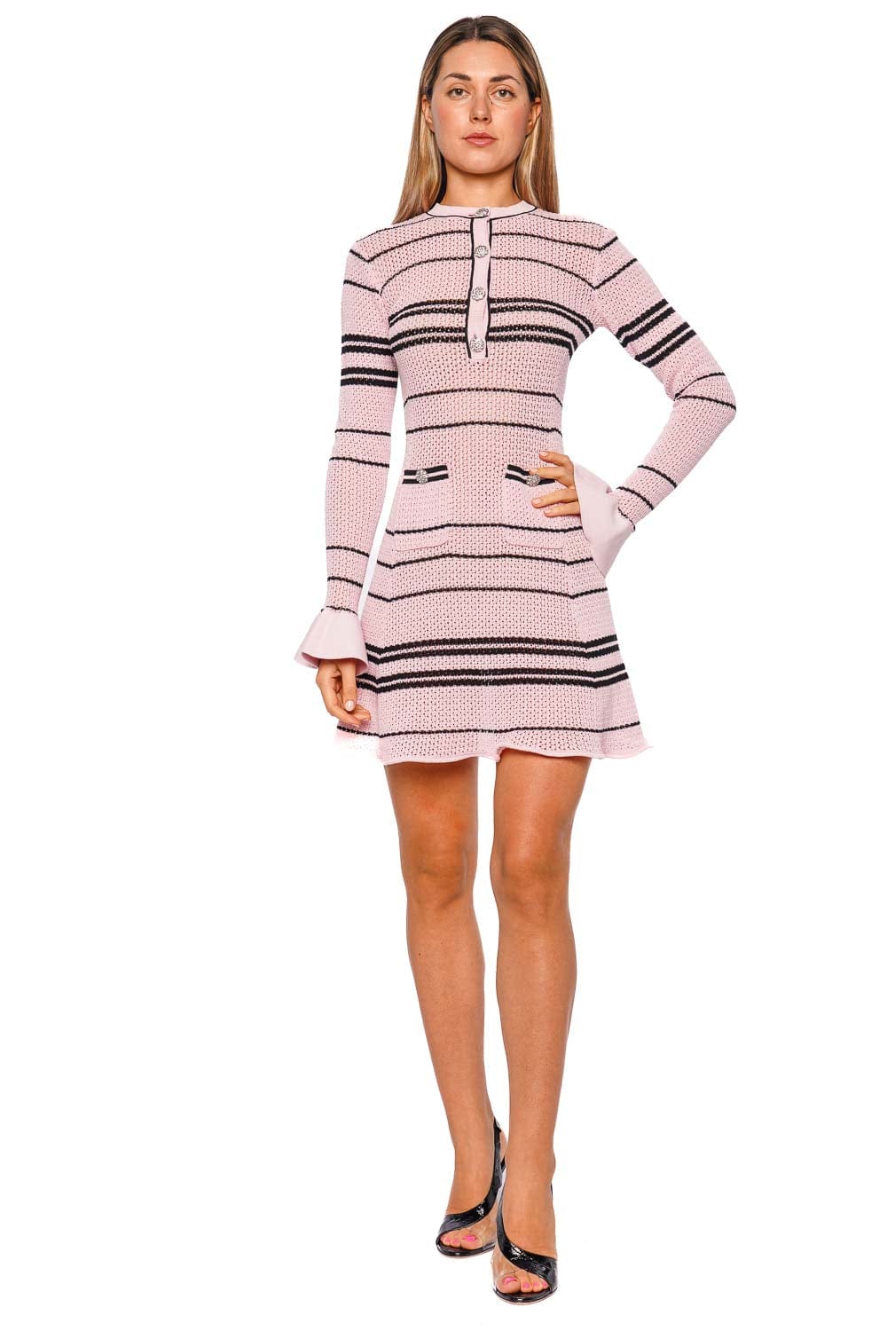 Self-Portrait Pink Stripe Long Sleeve Knit Mini Dress