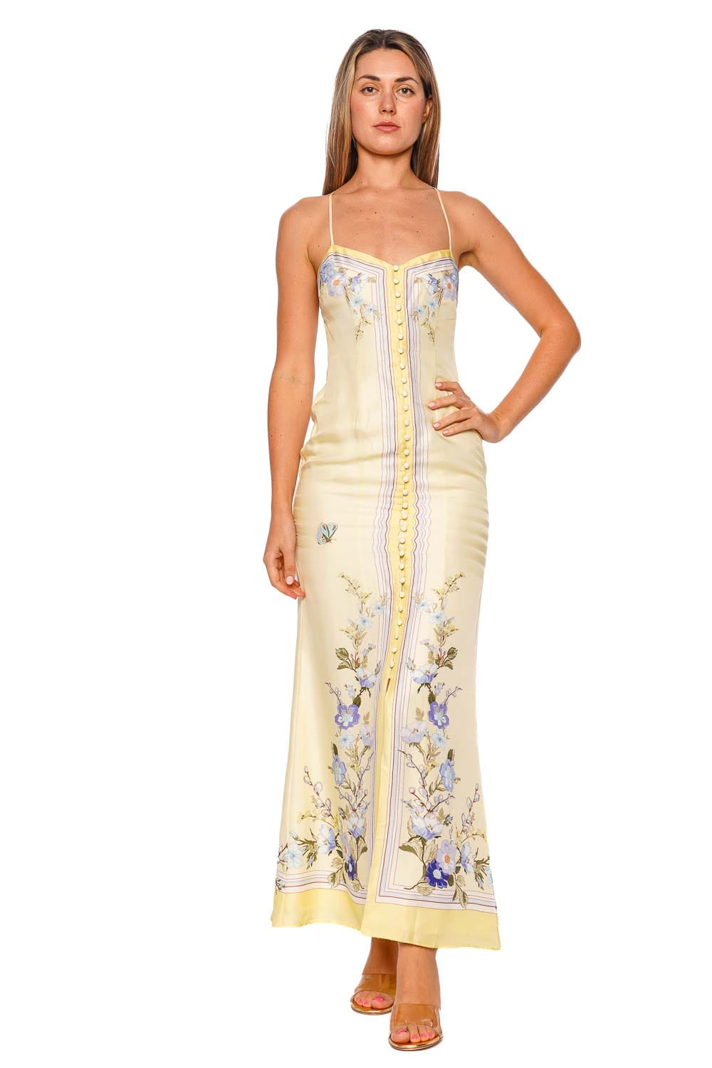 Yellow Floral Silk Buttoned Midi Dress Yellow Floral Silk Buttoned Midi Dress