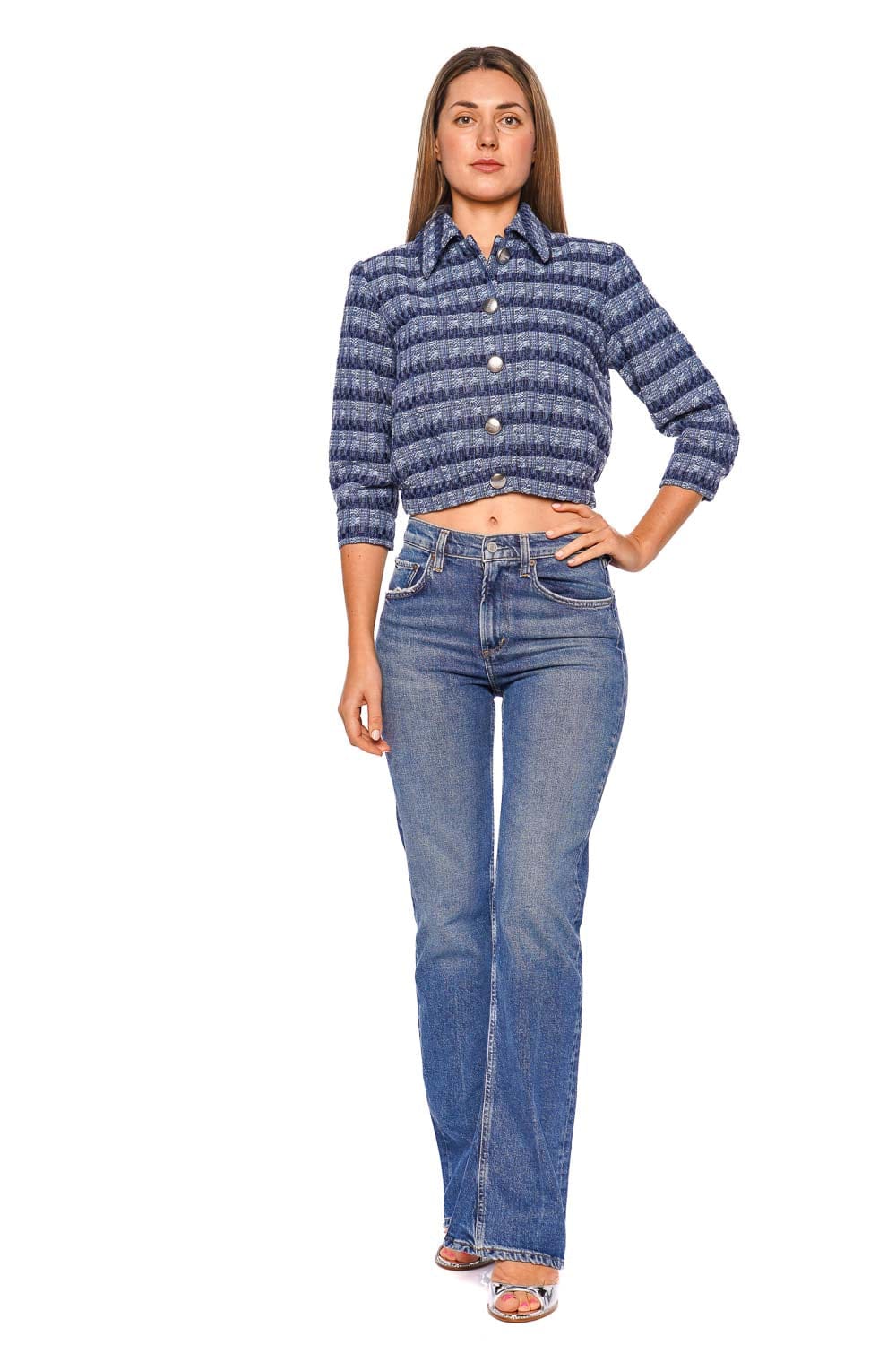 L'AGENCE Jia Blue Striped Tweed Cropped Jacket