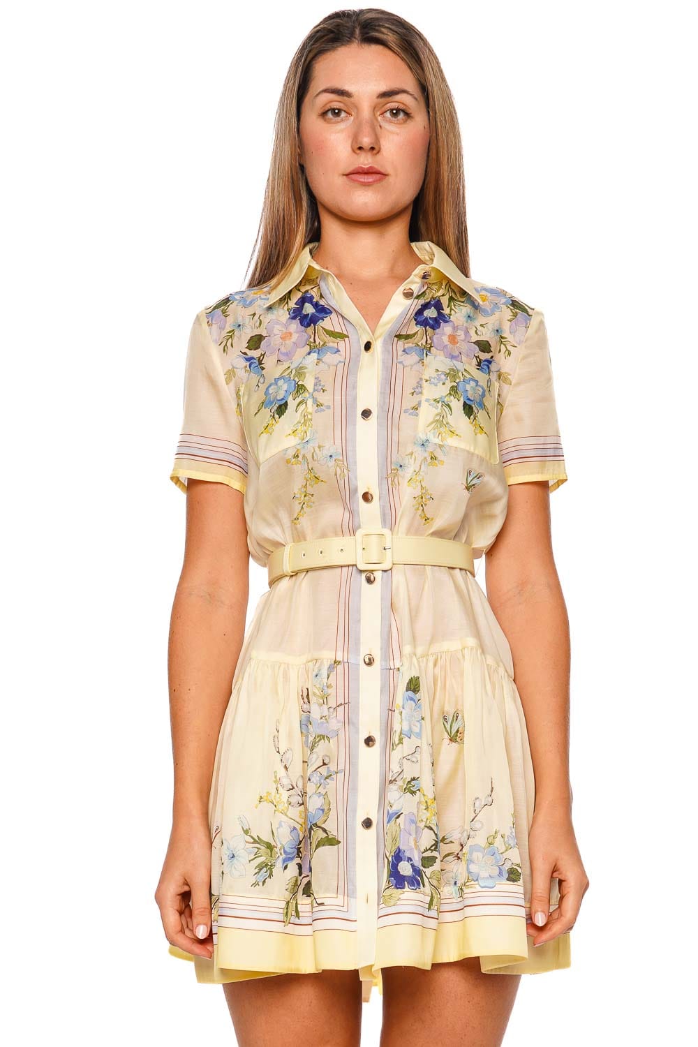 self-portrait Yellow Floral Organza Belted Mini Dress