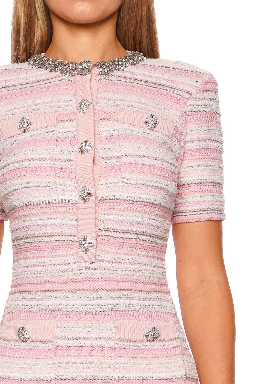 self-portrait Pink Embellished Short Sleeve Knit Mini Dress