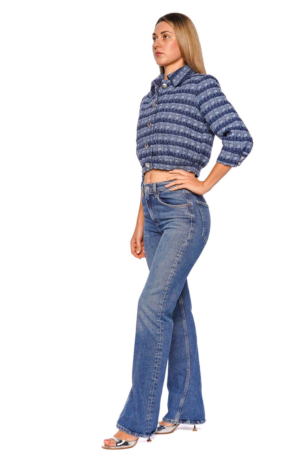 L'AGENCE Jia Blue Striped Tweed Cropped Jacket
