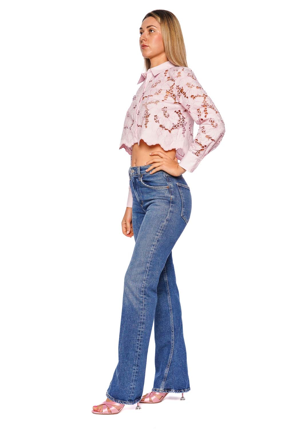 Seychelle Floral Lace Cropped Button Down