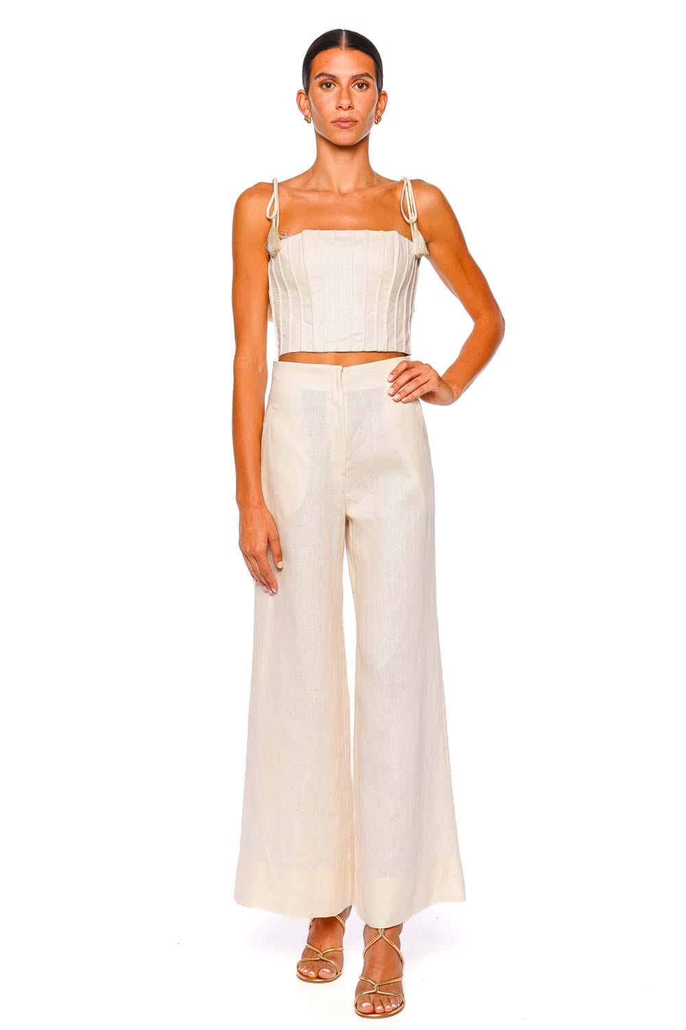 Andres Otalora Quedate Ivory Tie Shoulder Crop Top