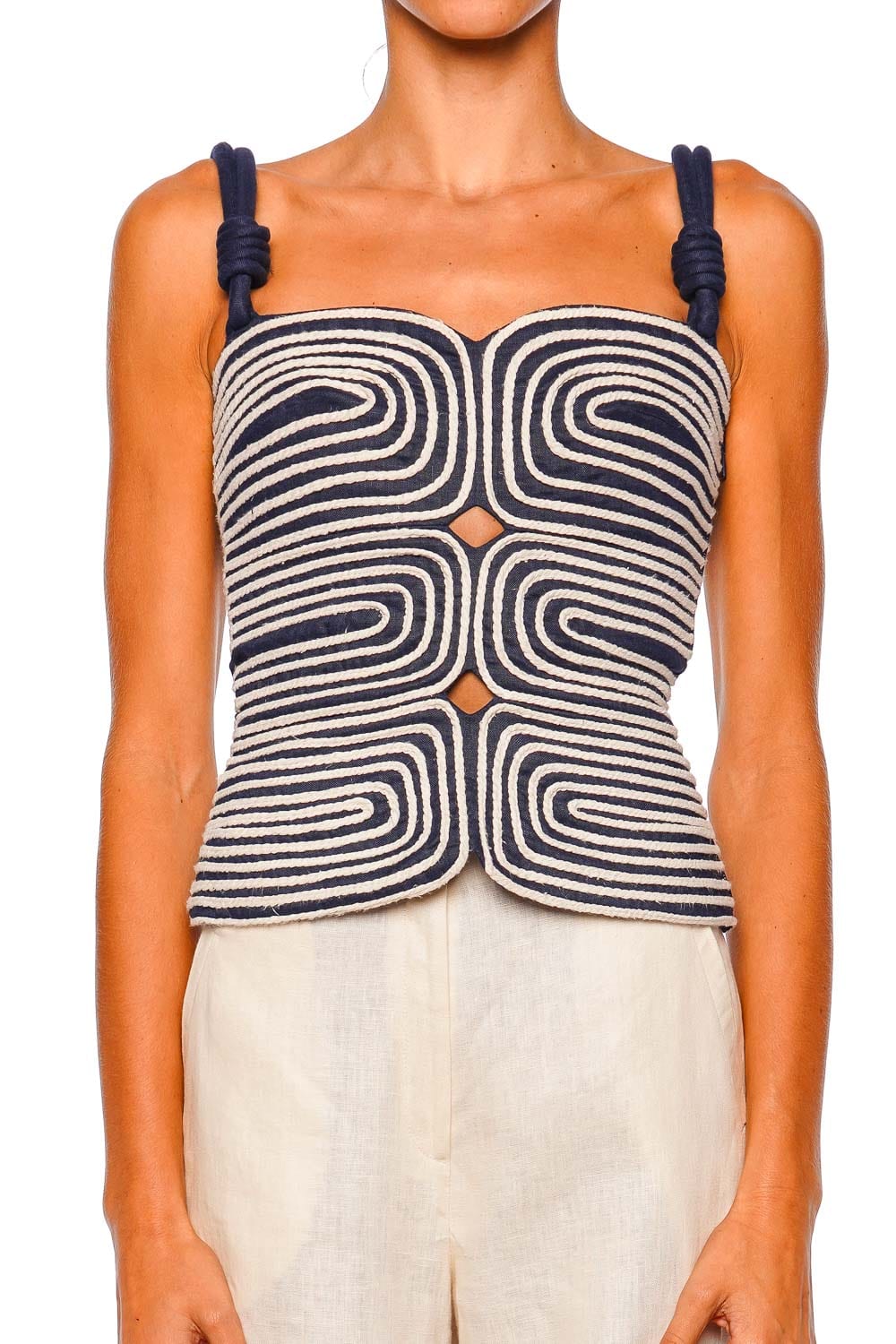 Andres Otalora Marea Navy Embellished Cut Out Top