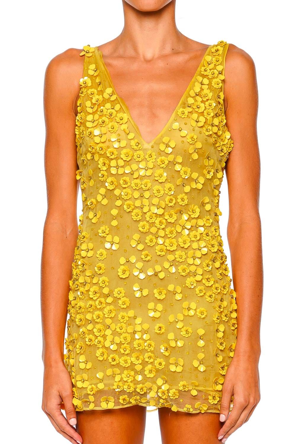 Cult Gaia Sapphira Canary Floral Beaded Silk Mini Dress