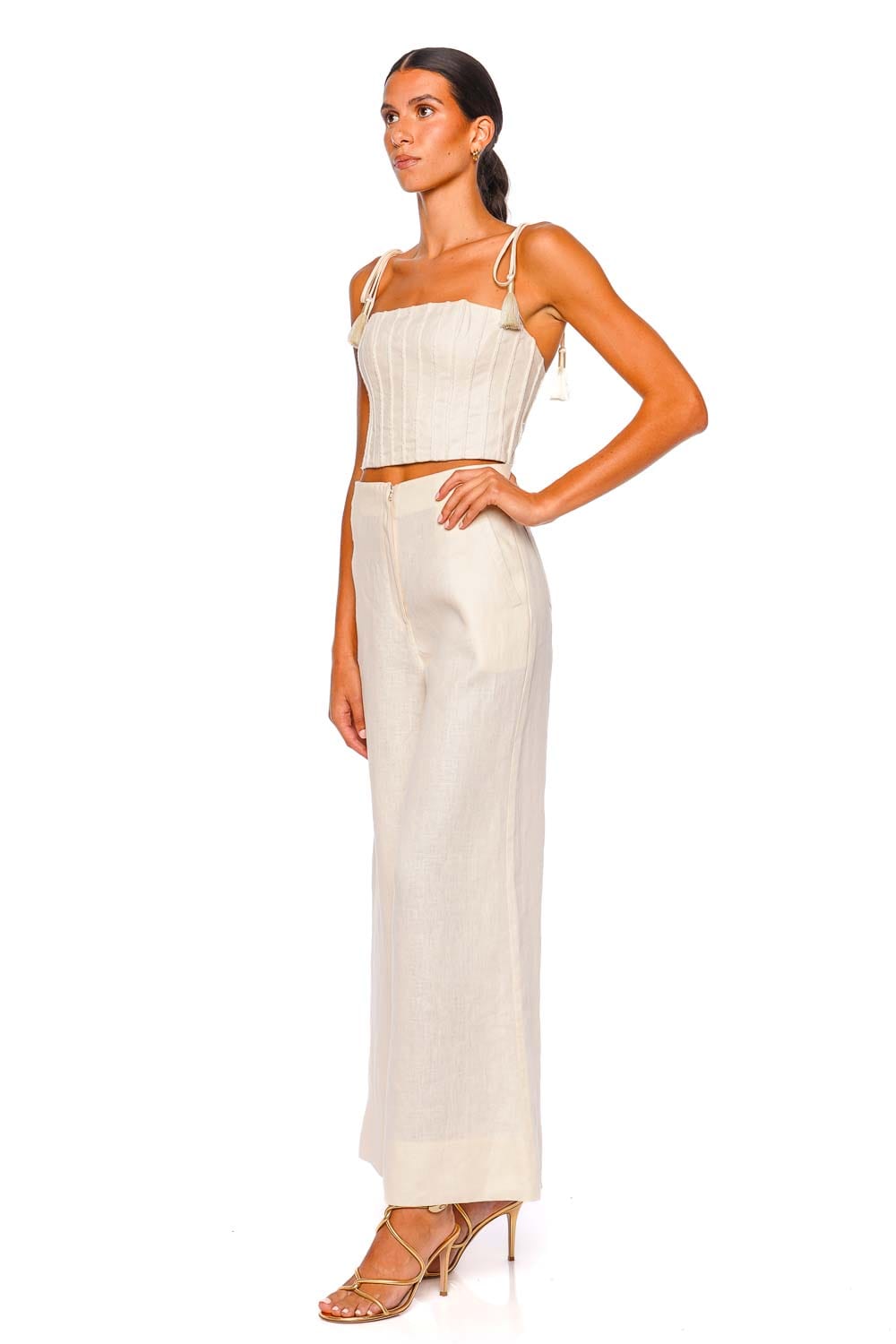 Andres Otalora Quedate Ivory Tie Shoulder Crop Top