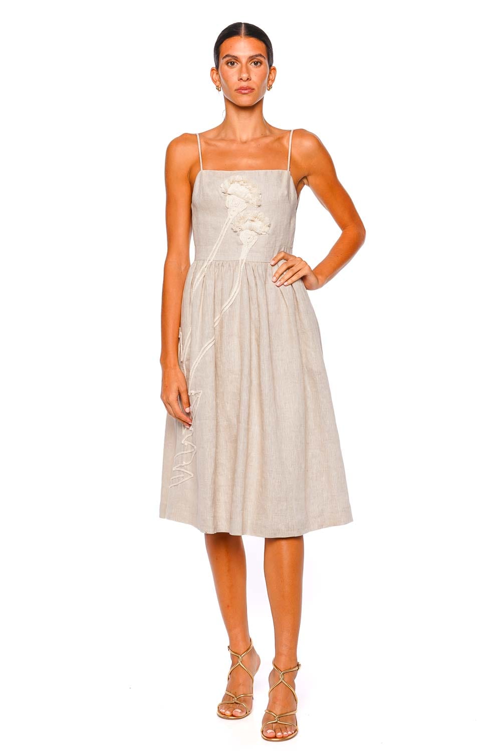 Andres Otalora Del Corazon Floral Embellished Linen Midi Dress