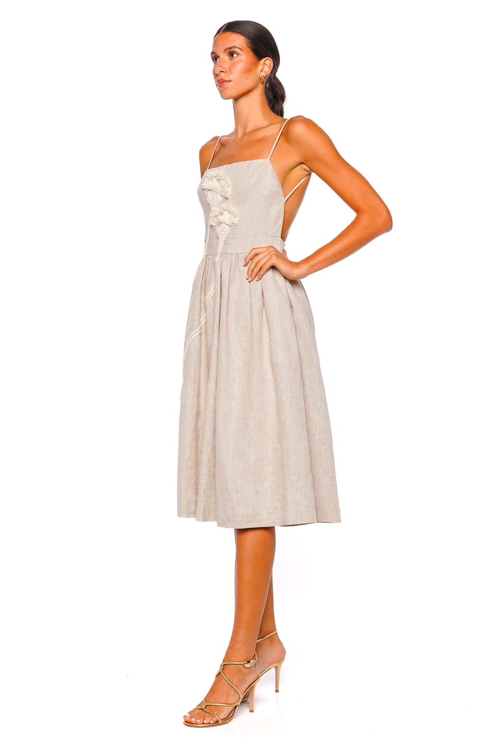 Andres Otalora Del Corazon Floral Embellished Linen Midi Dress